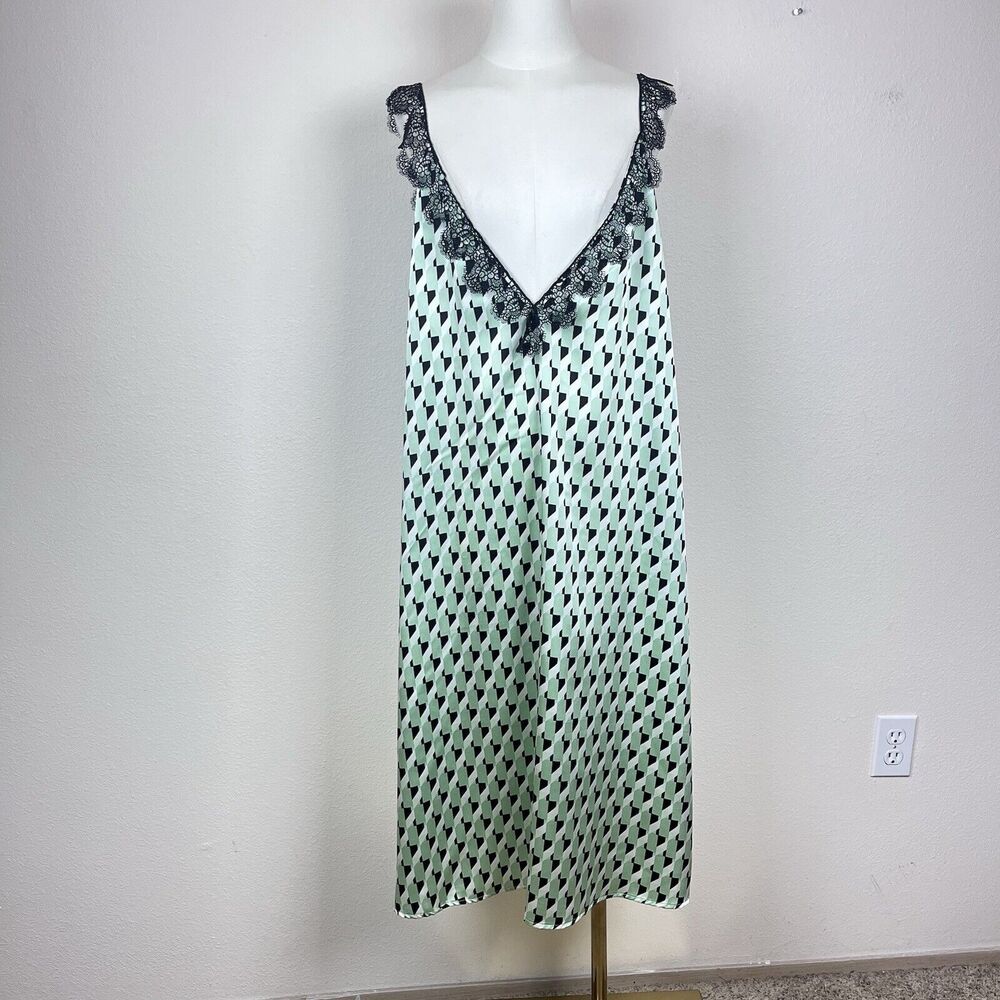 Future Collective Slip Dress Womens 3X Satin Midi Lace Geometric Retro Mod Green